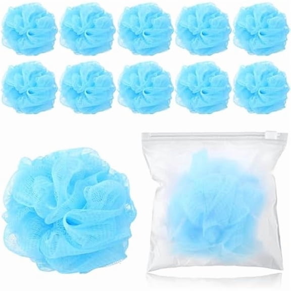 Fu997 12 Pcs Travel Size Loofah Individually Wrapped, Small Shower Puff Bath Sponge Pouf Ball Bulk Mesh Bath Puff Mini Loofah Sponge with Case Bulk for Shower Care (25g,Blue)