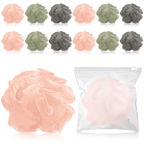Fu997 12 Pcs Travel Size Loofah Individually Wrapped, Small Shower Puff Bath Sponge Pouf Ball Bulk Mesh Bath Puff Mini Loofah Sponge with Case Bulk for Shower Care (25g,Morandi Color)