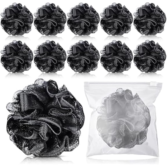 Fu997 12 Pcs Travel Size Loofah Individually Wrapped, Small Shower Puff Bath Sponge Pouf Ball Bulk Mesh Bath Puff Mini Loofah Sponge with Case Bulk for Shower Care (25g,Black)