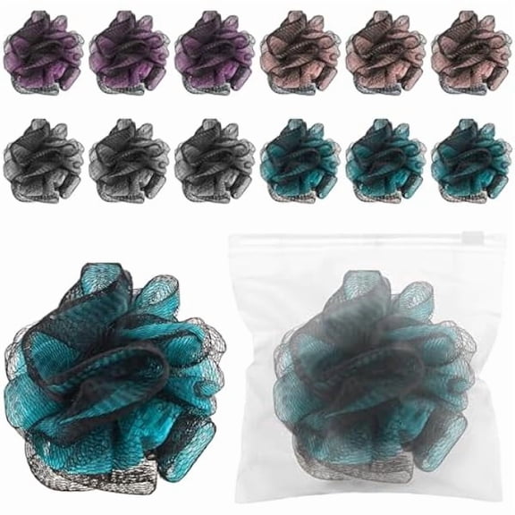Fu997 12 Pcs Travel Size Loofah Individually Wrapped, Small Shower Puff Bath Sponge Pouf Ball Bulk Mesh Bath Puff Mini Loofah Sponge with Case Bulk for Shower Care (25g,Fantasy)