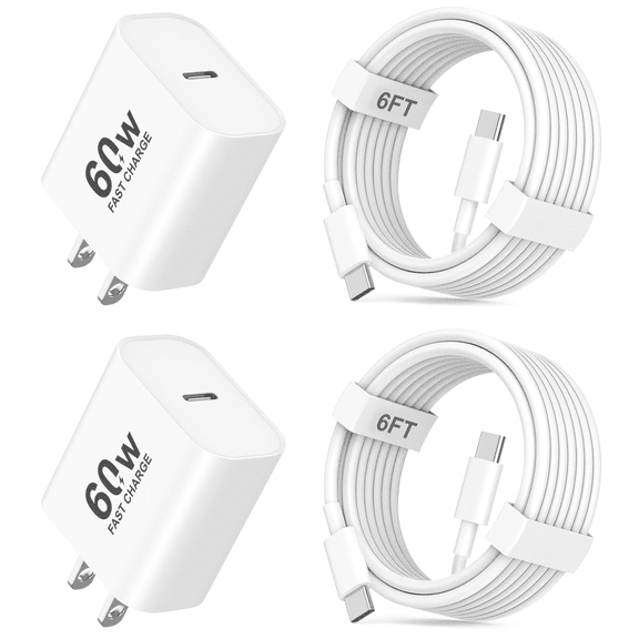 Fu997 2 - Pack 60W Super Fast USB - C Wall Charger - 6FT Cable - for Compatible with iPhone 15 - 17 Pro/Pro Max/Air, iPad