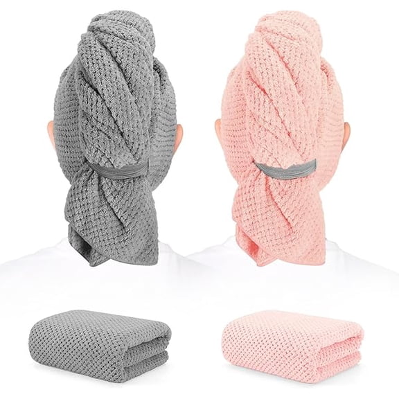 Fu997 2 Pack Microfiber Hair Towel - 41 x 24 inches Super Soft, Absorbent, Fast Drying Without Frizz Hair Towel Wrap for Women Long, Thick, Curly Hair - Hair Turbans with Elastic Strap