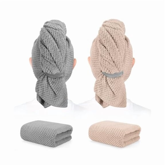 Fu997 2 Pack Microfiber Hair Towel - 41 x 24 inches Super Soft, Absorbent, Fast Drying Without Frizz Hair Towel Wrap for Women Long, Thick, Curly Hair - Hair Turbans with Elastic Strap