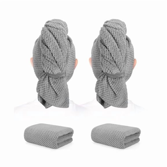 Fu997 2 Pack Microfiber Hair Towel - 41 x 24 inches Super Soft, Absorbent, Fast Drying Without Frizz Hair Towel Wrap for Women Long, Thick, Curly Hair - Hair Turbans with Elastic Strap