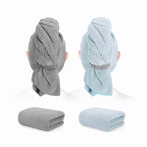 Fu997 2 Pack Microfiber Hair Towel - 41 x 24 inches Super Soft, Absorbent, Fast Drying Without Frizz Hair Towel Wrap for Women Long, Thick, Curly Hair - Hair Turbans with Elastic Strap