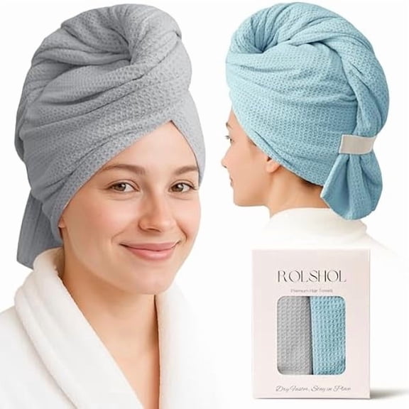 Fu997 2 Pack Microfiber Hair Towel Wrap for Women, 32" x 11" Waffle Weave Hair Plopping Towel for Curly, Long & Thick Hair, Anti-Frizz Hair Turbans for Wet Hair (Gray,Cyan Blue)