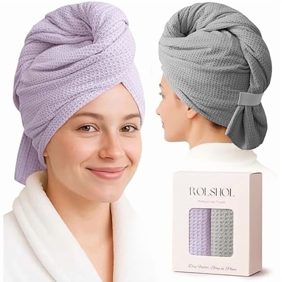 Fu997 2 Pack Microfiber Hair Towel Wrap for Women, 32" x 11" Waffle Weave Hair Plopping Towel for Curly, Long & Thick Hair, Anti-Frizz Hair Turbans for Wet Hair (Lavender, Grey)