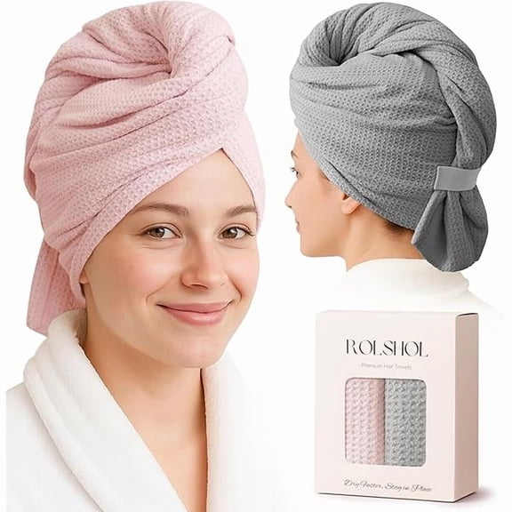 Fu997 2 Pack Microfiber Hair Towel Wrap for Women, 32" x 11" Waffle Weave Hair Plopping Towel for Curly, Long & Thick Hair, Anti-Frizz Hair Turbans for Wet Hair (Pink, Grey)