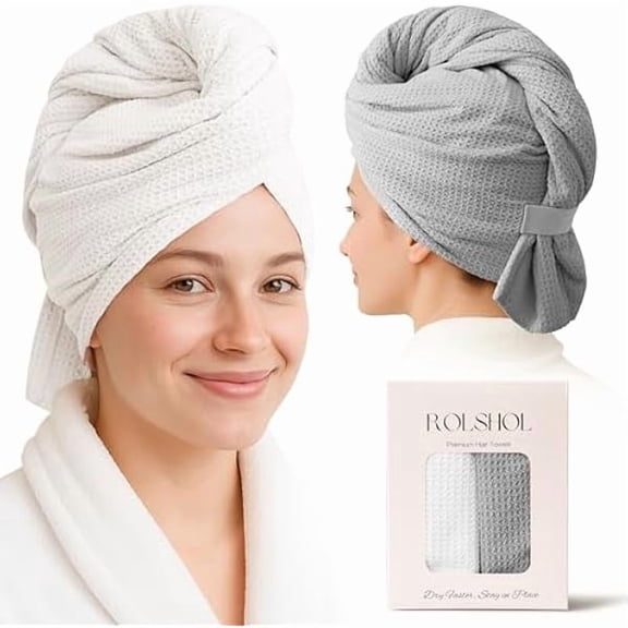 Fu997 2 Pack Microfiber Hair Towel Wrap for Women, 32" x 11" Waffle Weave Hair Plopping Towel for Curly, Long & Thick Hair, Anti-Frizz Hair Turbans for Wet Hair (White, Grey)