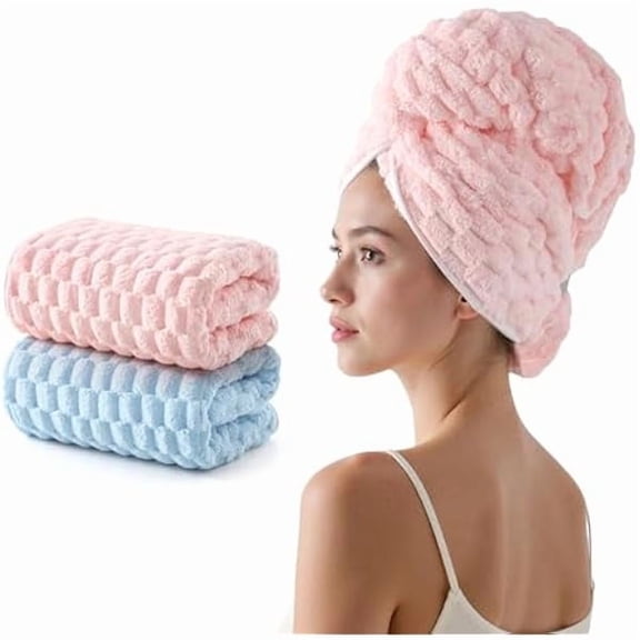 Fu997 2 Pack Microfiber Hair Towels - Extra Large Hair Towel Wrap for Women, 24x42 inch Pink Hair Towels with Elastic Strap, Super Soft Blue Hair Drying Towels Curly Anti Frizz Turbans