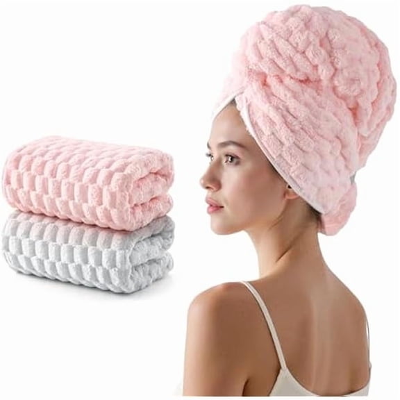 Fu997 2 Pack Microfiber Hair Towels - Extra Large Hair Towel Wrap for Women, 24x42 inch Pink Hair Towels with Elastic Strap, Super Soft Grey Hair Drying for Long, Curly Anti Frizz Turbans