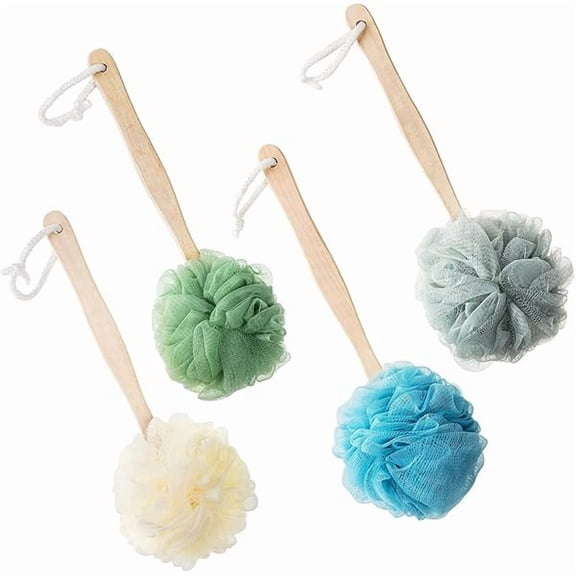 Fu997 4 Pack Large Bath Puff Loofah Sponge with Long Handle Shower Loofah, Bath Body Back Brush, Spa Brush for Women and Men(4 Color)