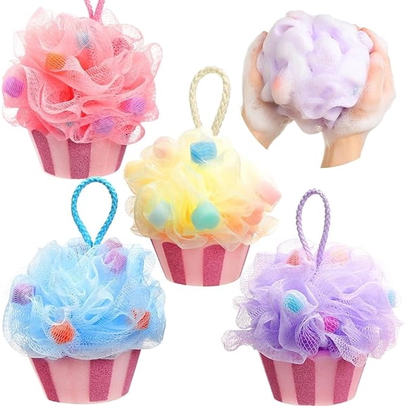 Fu997 4 Pcs Cupcake Bath Loofah Sponge Cartoon Body Scrubber Loofah Soft Mesh Exfoliating Bath Scrubber Shower Ball for Shower Sponge Gifts Exchange Birthday Party