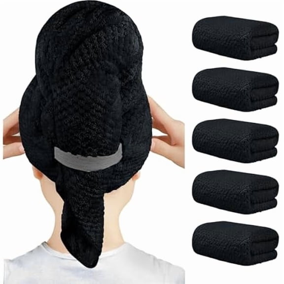 Fu997 5 Pack Large Microfiber Hair Towel Wrap for Women, Black- 40 x 20 inches Super Soft, Fast Drying Turbans for Long, Thick, Curly Hair - Anti Frizz Wrap with Elastic Strap