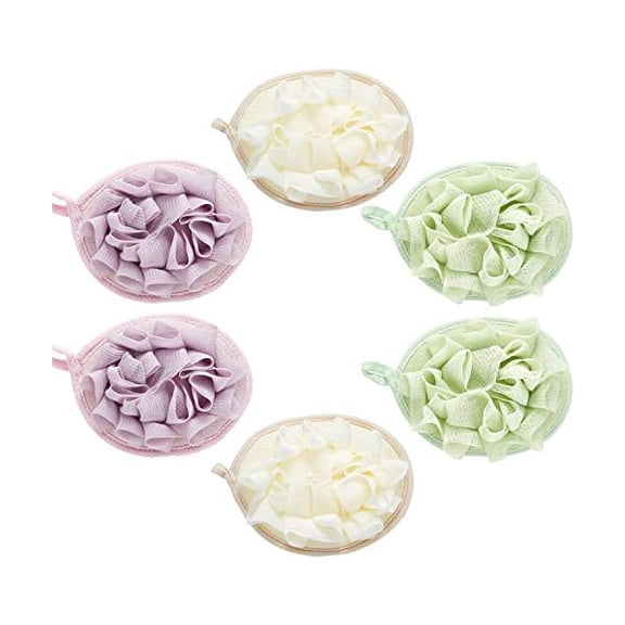 Fu997 6 Pcs Bath Shower Pouf Sponge Mesh Pouf Shower Ball Exfoliating Body Sponge Pad Scrubber Glove with Flower Bath Ball (Beige,Green,Purple)