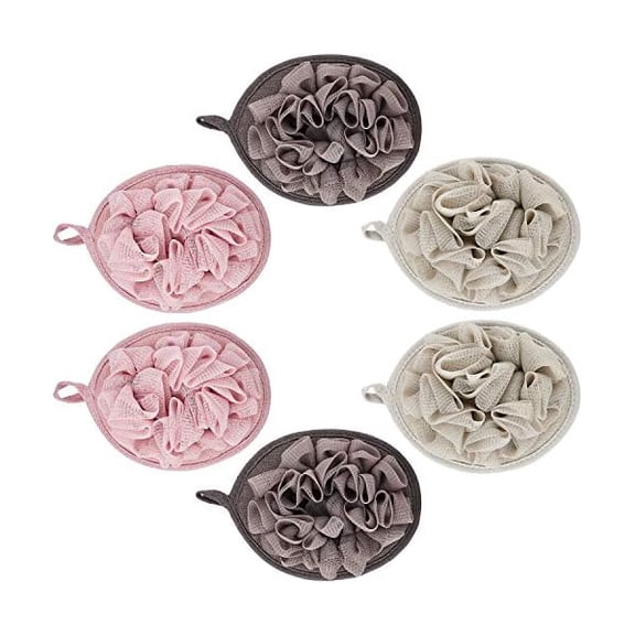 Fu997 6 Pcs Bath Shower Pouf Sponge Mesh Pouf Shower Ball Exfoliating Body Sponge Pad Scrubber Glove with Flower Bath Ball (Khaki,Coffee,Pink)