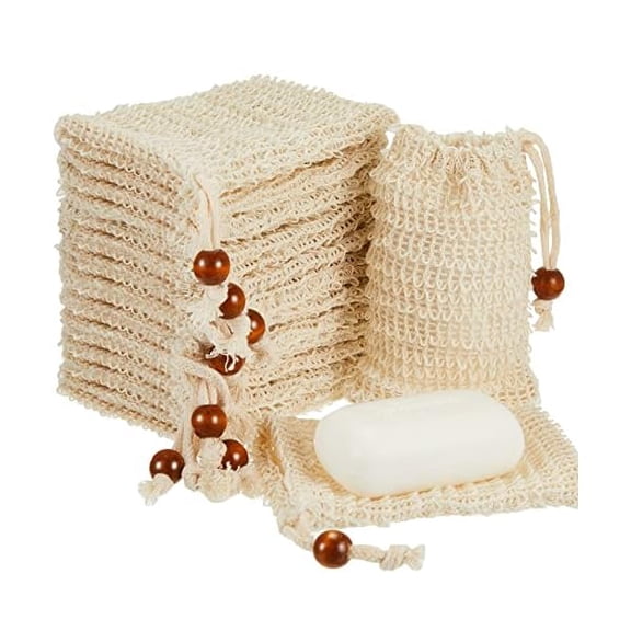 Fu997 60 Pack Soap Saver Bag Exfoliating Sisal Soap Pouch with Drawstring Bar Wooden Bead Foaming and Drying Exfoliating Net for Bath and Shower (3.5x5.5 Inch)