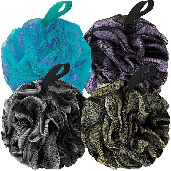 Fu997 Bath Loofah Shower Sponge Body Back Scrubber Soft Mesh Shower Puffs Exfoliating Loofa for Women & Men Bath Accessories Cleaning Tool (Pack of 4 60G Loofah, Dark Elf)