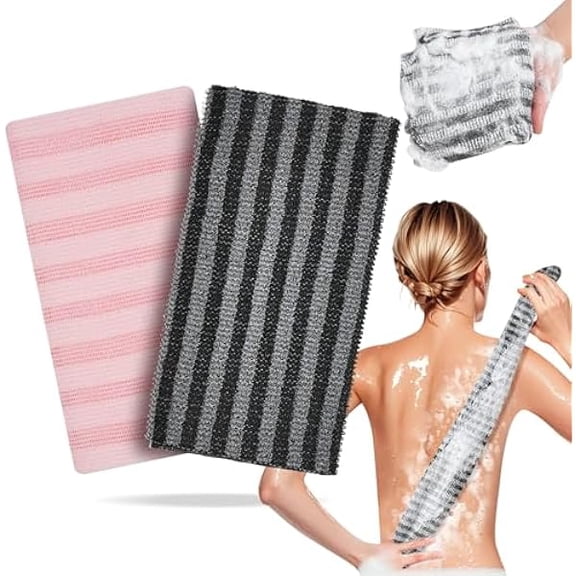 Fu997 Exfoliating Washcloth Shower Towel - 2 Pack Back and Body Scrubbers for Smooth Skin | Quick-Drying, Durable, and Gentle for Sensitive Skin (Black+Pink)