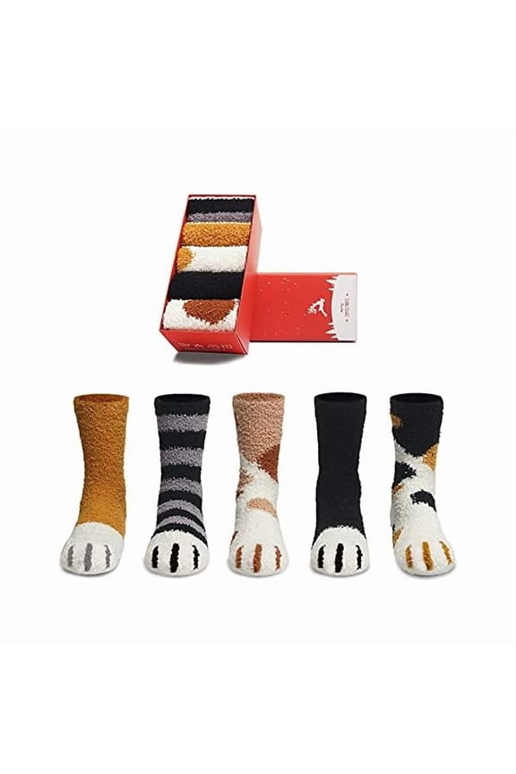 Fuzzy Socks for Women Cute Cat Paw 5 Pairs Winter Fluffy Cozy Plush Slipper Socks With Gift Box for Women Girls Gifts