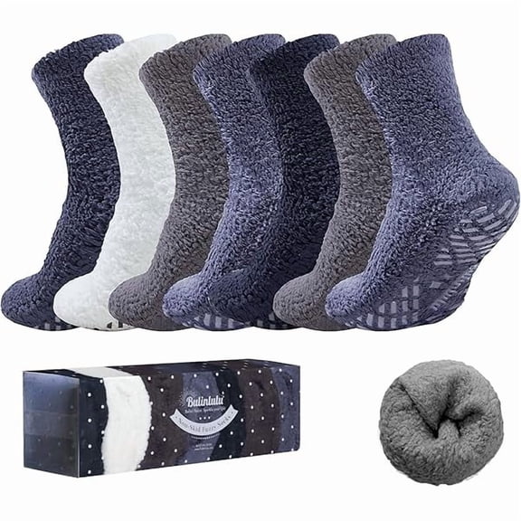 Fu997 Fuzzy Socks with Grips Plush Sleep Cozy Winter Soft Hospital Fluffy Socks Gifts for Womens Mens Gifts