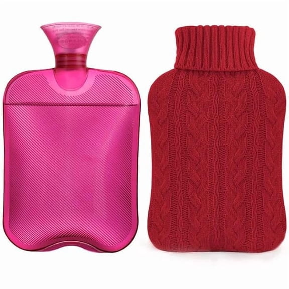 Fu997 Hot Water Bottle with Knitted Cover, 2L Hot Water Bag for Hot and Cold Compress, Hand Feet Warmer, Ideal for Menstrual Cramps, Neck and Shoulder Pain Relief,Red