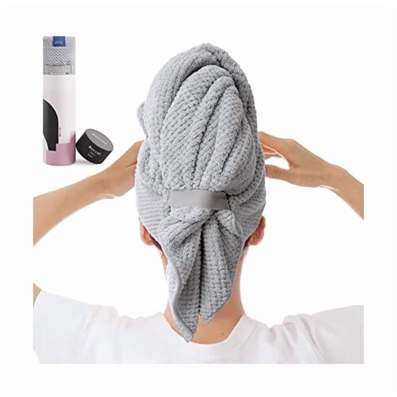 Fu997 Large Microfiber Hair Towel Wrap for Women, Anti Frizz Hair Drying Towel with Elastic Strap, Fast Dry | Super Absorbent | Quick Dry Hair Turban for Wet, Curly, Long & Thick Hair -Gray
