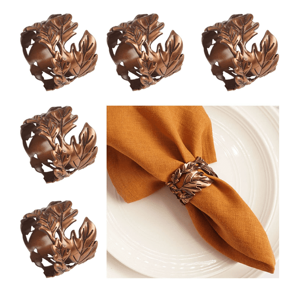 Fu997 Leaf Shape Napkin Rings Set of 6, Bronze Napkin Rings Metal Napkin Ring Holders for Dinner Party, Wedding, Banquets,Thanksgiving, Holiday Table Settings