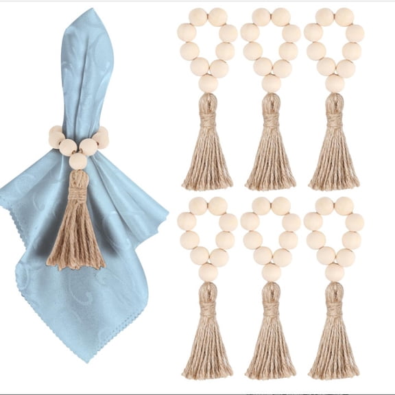 Fu997 Napkin Rings Set of 12,Wooden Napkin Rings,Wood Bead Elastic Farmhouse Napkin Ring with Tassel,Boho Napkin Holder for Table Decor,Weeding,Dinner,Party