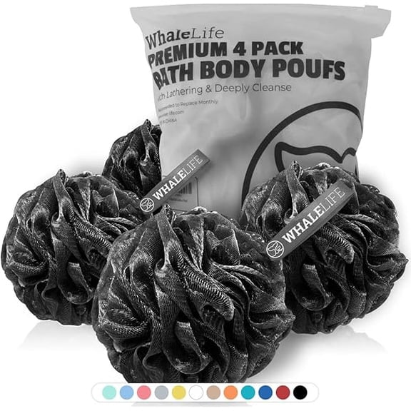 Fu997 Shower Puff 4 Pack Black Bath Sponge Shower Loofahs Pouf Ball Nature Bamboo Charcoal Mesh Bulk Puffs Large, Shower Essential Skin Care by