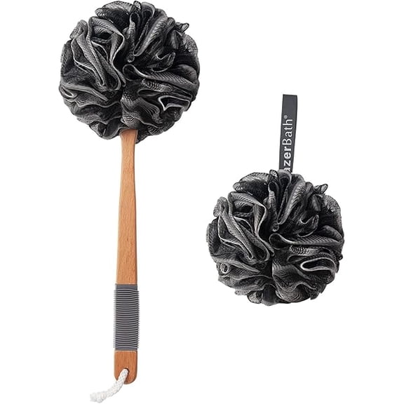 Fu997 Shower Sponge Loofah Back Scrubber, PE Soft Mesh Loofah Body Scrubber with Long Wooden Handle, Bath Sponge for Men Women (Black)