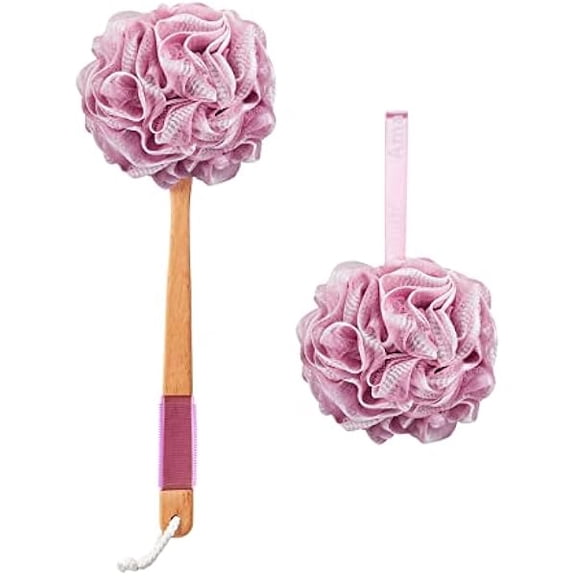 Fu997 Shower Sponge Loofah Back Scrubber, PE Soft Mesh Loofah Body Scrubber with Long Wooden Handle, Bath Sponge for Men Women (Pink)