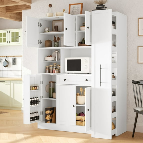FuArbore Tall Kitchen Pantry Cabinet with Microwave Shelf, Farmhouse Kitchen Storage Cabinet with Door and Drawer, Large Freestanding Hutch with Pull-Out Side Cabinet, White