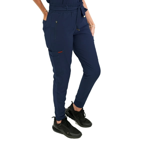 Fubu Women's Slim Fit High Waisted Belted Jogger Scrub Pant Medical Nursing Uniform