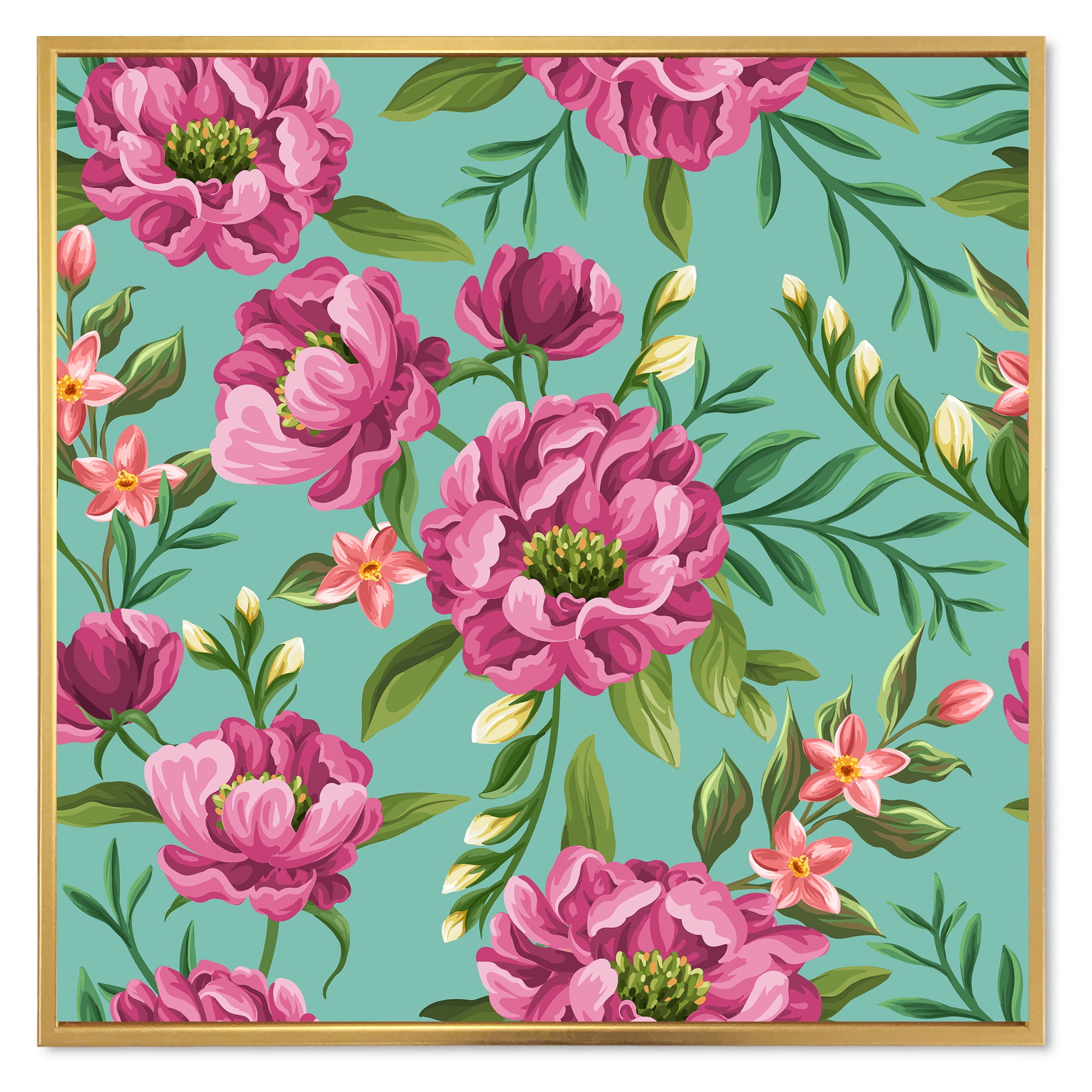 Fuchia Pink Flowers On Green VIntage 16 in x 16 in Framed Painting Canvas Art Print, by Designart