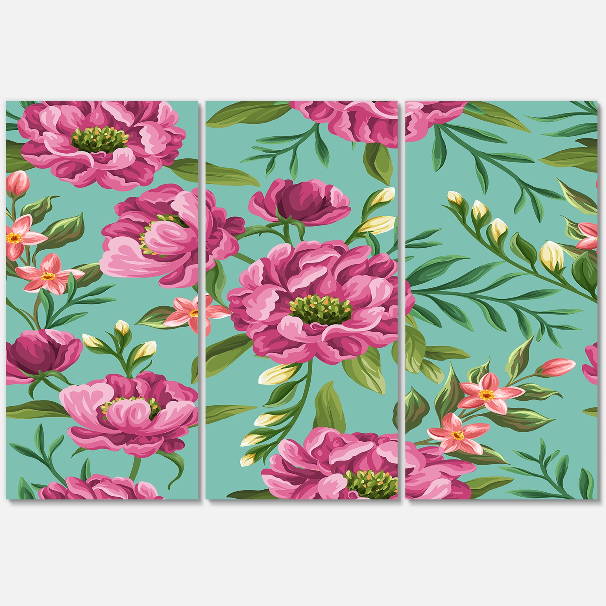 Fuchia Pink Flowers On Green VIntage 28 in x 36 in Painting Canvas Art Print, by Designart