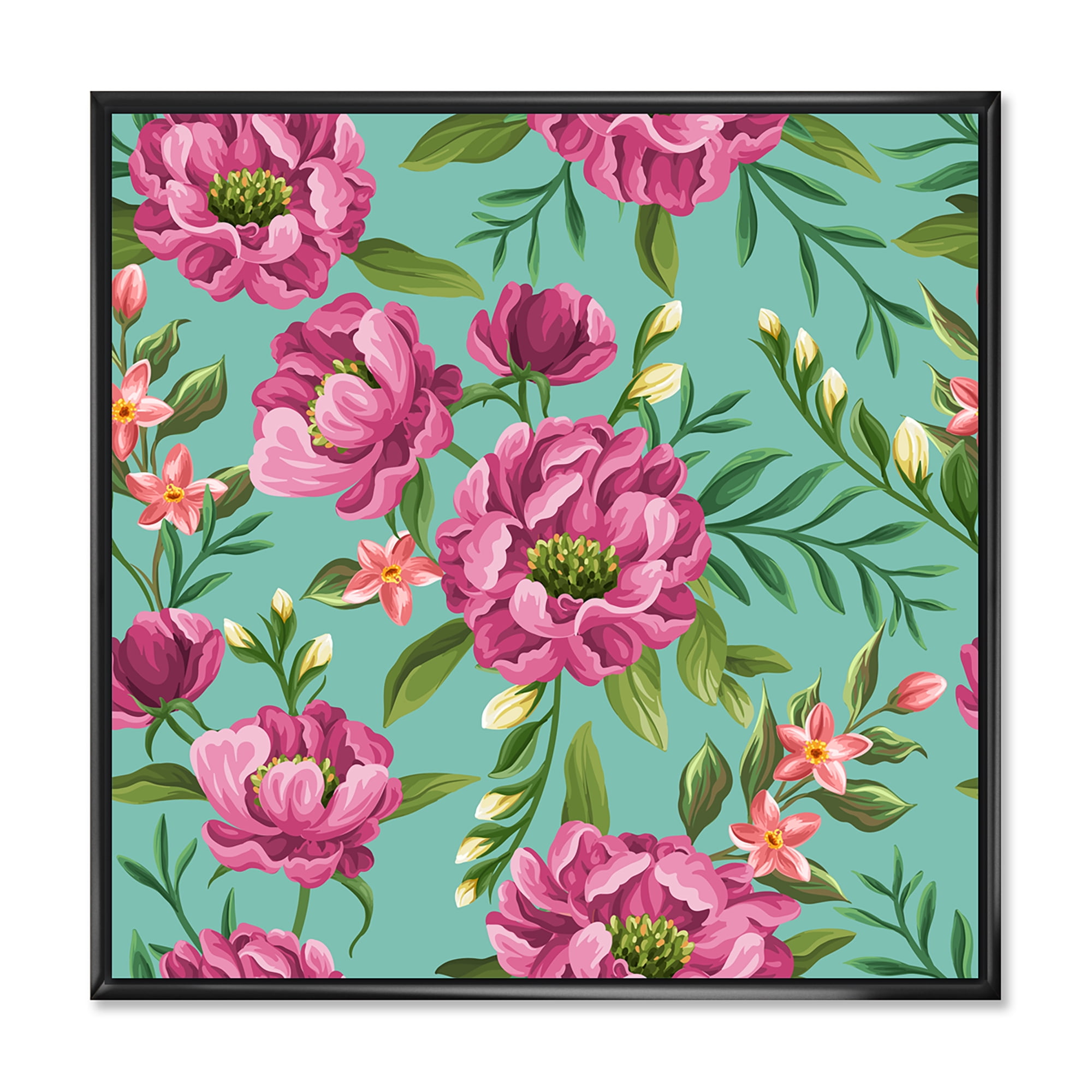 Fuchia Pink Flowers On Green VIntage 30 in x 30 in Framed Painting Canvas Art Print, by Designart