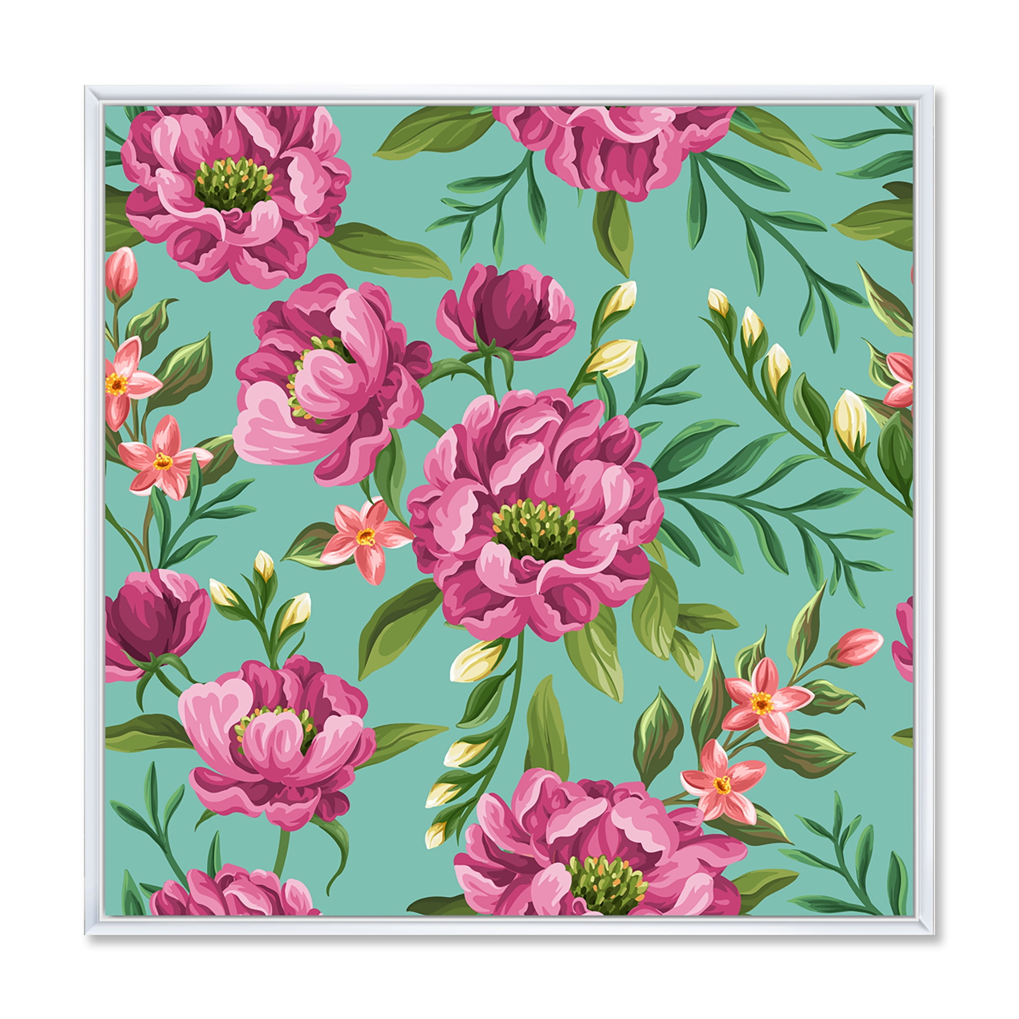 Fuchia Pink Flowers On Green VIntage 36 in x 36 in Framed Painting Canvas Art Print, by Designart