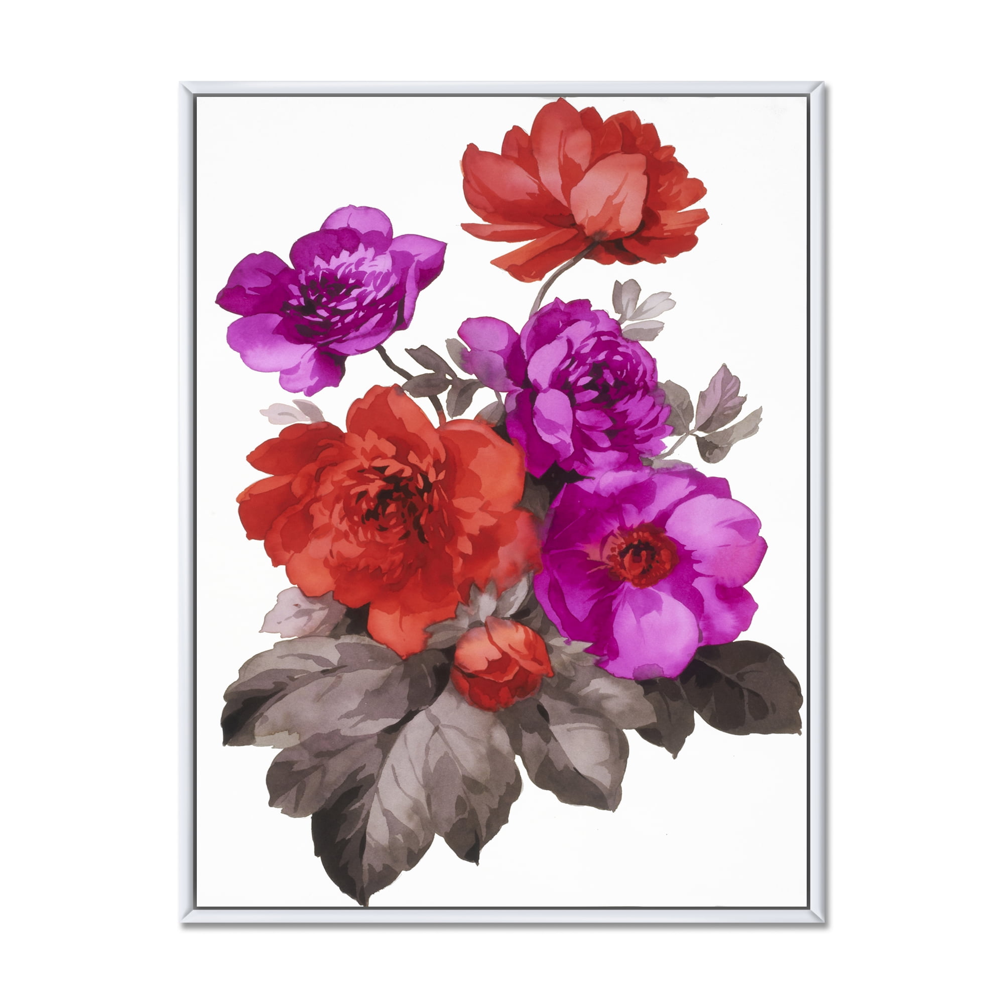 Fuchia and Red Flowers 16 in x 32 in Framed Painting Canvas Art Print, by Designart