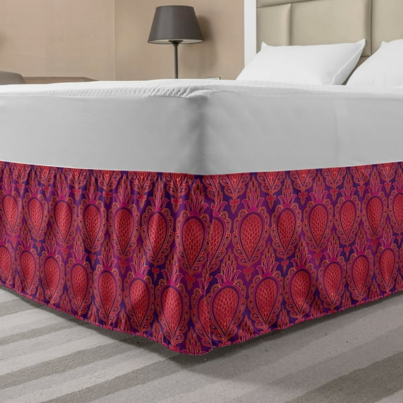 Fuchsia Bed Skirt, Middle Eastern Inspired Print of Classic Fruit Pattern Oriental Design, Elastic Bedskirt Dust Ruffle Wrap Around for Bedding Decor, 4 Sizes, Purple and Dark Pink, by Ambesonne