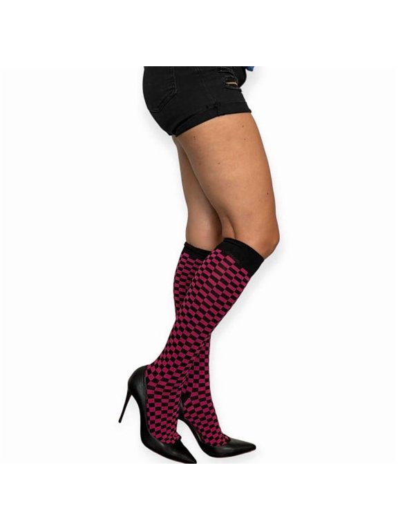 Fuchsia & Black Checkerboard Knee-High Socks