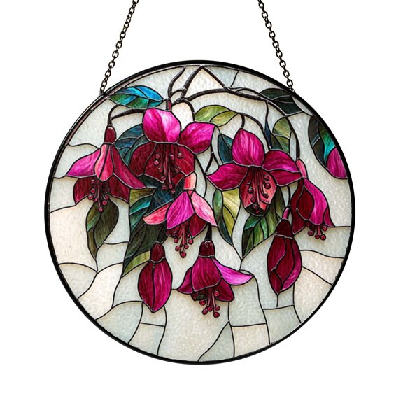 Fuchsia Bloom Floral Suncatcher, Stained Glass Style Window Decor, Vibrant Botanical Art Panel for Living Room