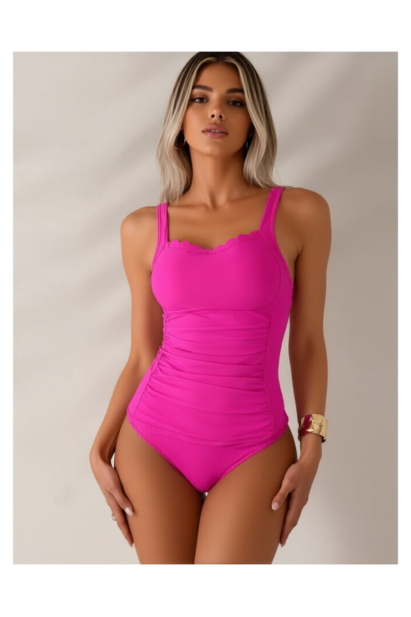 Fuchsia Bodysuit for Women - Scalloped Tank Top Ruched Design - Stretchy Spandex Blend Clubwear - Sexy V Neck Sleeveless Jumpsuit