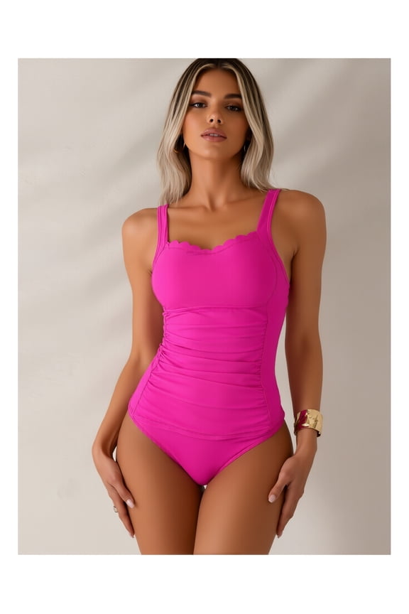 Fuchsia Bodysuit for Women - Scalloped Tank Top, Ruched Sexy Club Bodysuit, Stretchy Spandex Sleeveless Romper, Party Outfit, Summer Fashion