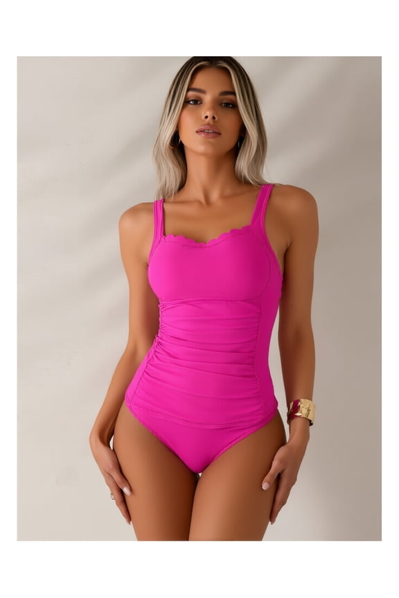 Fuchsia Bodysuit for Women - Scalloped Tank Top, Ruched Stretchy Spandex, Comfortable Clubwear, Seamless Underwear, Party & Casual Wear