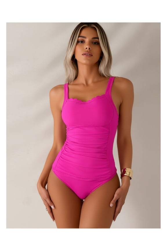 Fuchsia Bodysuit for Women - Scalloped Tank Top, Ruched, Stretchy Spandex, Seamless, Comfortable Underwear, Clubwear, Party Outfit, Sizes XS-XXL