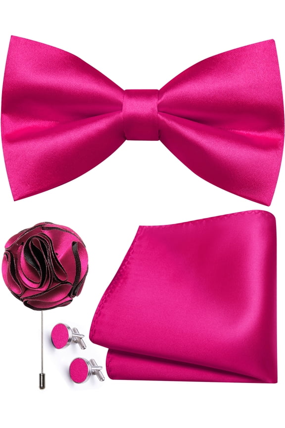 Fuchsia Bow Ties for Men Pre-tied Silk Hot Pink Bowtie and Pocket Square Cufflinks Lapel Pin Set Tuxedo Wedding Party 4PCS
