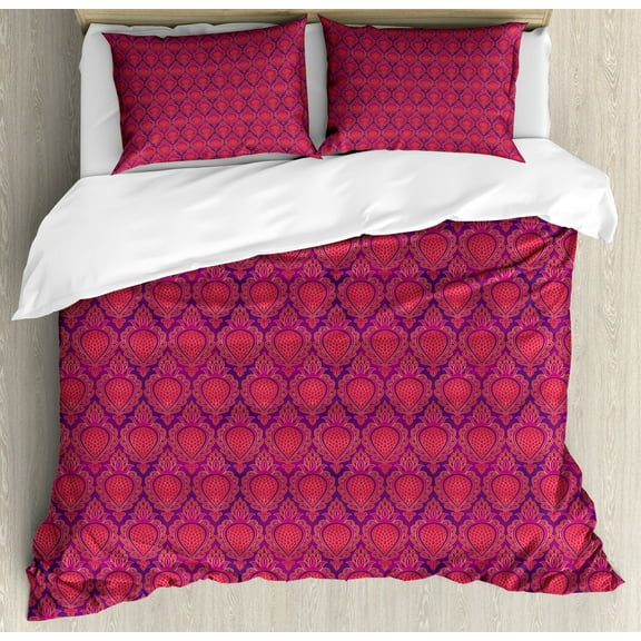 Fuchsia Duvet Cover Set King Size, Middle Eastern Inspired Print of Classic Fruit Pattern Oriental Design, Decorative 3 Piece Bedding Set with 2 Pillow Shams, Purple and Dark Pink, by Ambesonne