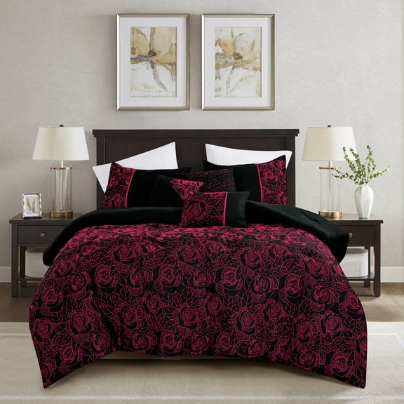 Fuchsia Floral Scroll Comforter Set, 6-Piece Bedding Queen Size