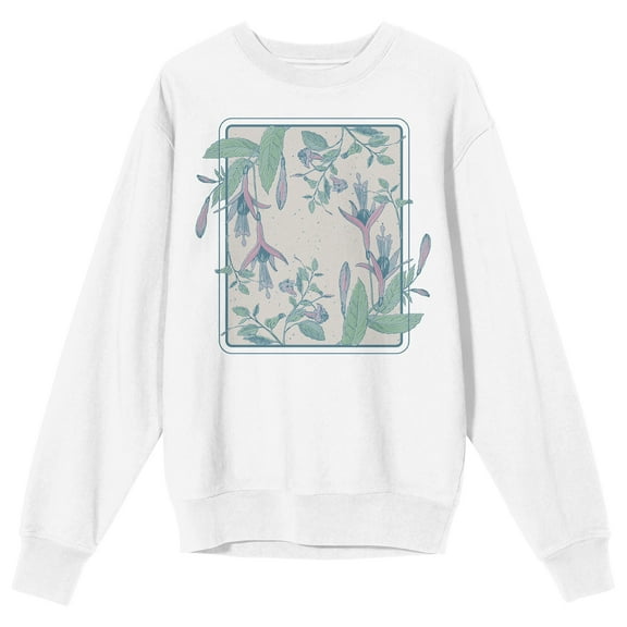 Fuchsia Flower Crew Neck Long Sleeve White Adult Sweatshirt-Large